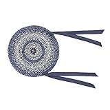 VHC Brands Great Falls Blue Round Seat Cushion Chair Pad, Blue White, Jute Blend with Ties, 15x15 Inches