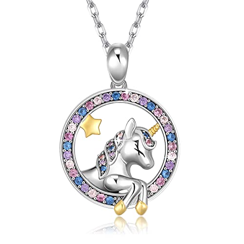 YosikCaes 18K White Gold Plated Sliver Necklaces for Teen Girls with 5A Cubic Zirconia, Birthday Christmas Round Unicorn Jewelry Gift for Girls Daughter Wife Girlfriend