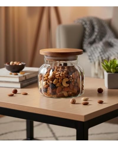 Image of SUANI Air Tight Bubble Glass Jar Container with Wooden Lid for Home and Kitchen | Odor Free Storage Jar | Jars For Cookies, Namkeen, Dry Fruits and Kitchen Storage, (500Ml) (Pack Of 2)