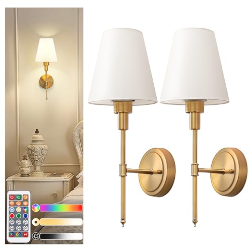Image of DORESshop Battery Operated Wall Sconce Set of 2, Wall Light Wireless Easy to Install, Dimmable and Adjustable Sconces Wall Decor, Rechargeable Wall Lamp for Bedroom, Living Room, Gold 18.7in