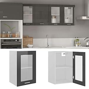 Mogou Hängeglasschrank Küche, Küchenschrank, Schrank Mit Glastüren, Küchenhängeschränke, Wandvitrine Hängend, Hochglanz-Grau 40x31x60 cm Spanplatte
