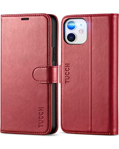 TUCCH Wallet Case for iPhone 12 Pro/iPhone 12, RFID Blocking Card Slot TPU Interior Protective Case, Magnetic Folio Shockproof PU Leather Stand Flip Cover Compatible with iPhone 12/12 Pro 5G, Dark Red
