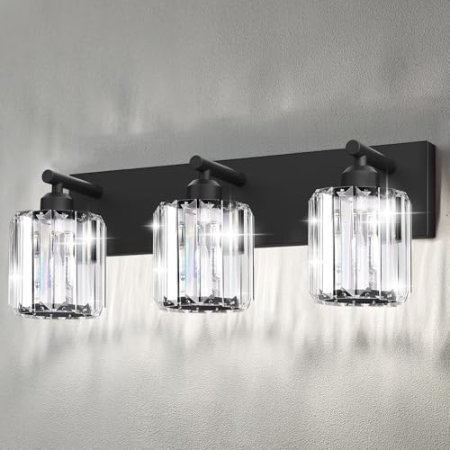 Image of Black Crystal Bathroom Vanity Light, 3-Light Modern Bathroom Lighting Fixtures Over Mirror, Matte Black Wall Sconce Light Fixtures with Round Shade