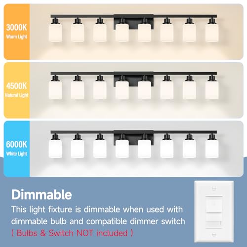 Image of 8 Light Bathroom Vanity Light,Modern Matte Black Bathroom Light Fixtures Over Mirror with Square Frosted Glass,Wall Sconces for Restroom,Living Room Hallway E26