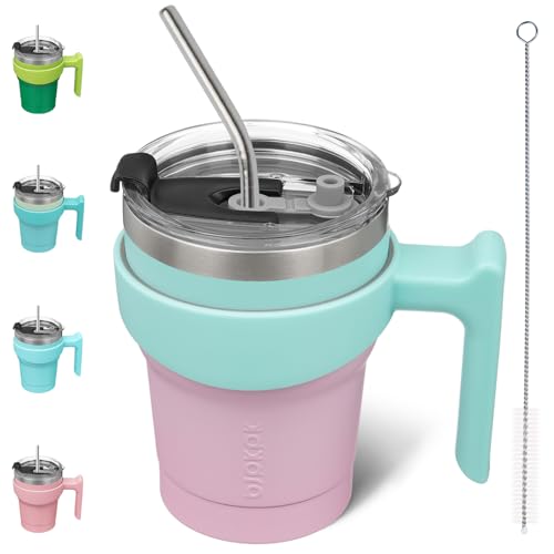 BJPKPK Vaso aislado de acero inoxidable de 10 onzas con asa, con tapa y popote para mujeres y hombres, dulce caramelo