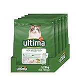 Ultima Bolas de pelo Pavo, Comida seca para gatos, Pack de 5 x 750g, Total 3,75kg
