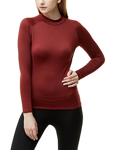 TSLA Women's Wintergear Compression Baselayer Long Shirts, Thermal Mock Neck(xut32) - Brick, Medium