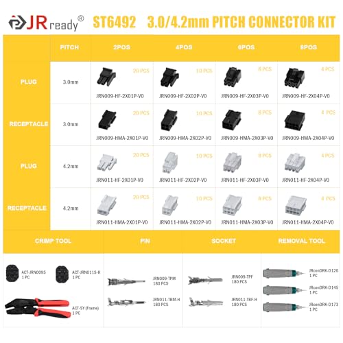 Image of JRready 3.0 /4.2mm Pitch Two Types 2 4 6 8 Circuits Male & Female Receptacle Plug Connector Kit with Crimp Tool,Compatible with Molex Micro-Fit 3.0 and Mini-Fit Jr Connector,Free Hanging,ST6492