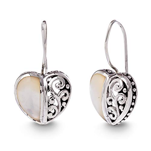 Willowbird Rhodium Plated Oxidized Sterling Silver Mother of Pearl Filigree Heart French Wire Drop Earrings for Women