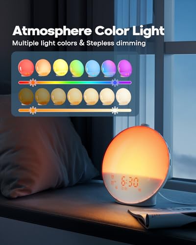 Reloj despertador con luz despertador con simulación de amanecer, radio reloj digital, repetición, 2 alarmas, 7 sonidos, 20 niveles de brillo para adultos y niños