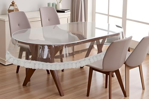 Image of The Furnishing Tree Oval Shaped 4 to 6 Seater Transparent Table Cover WxL 54x78 inches 0.25 mm Thickness with White Lace