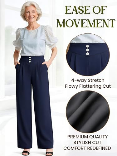 Image of Womens 2026 Spring Summer Soft Flowy High-Waist Pull-On Wide-Leg Stretch Drape Dress Pants for Senior Women Over 50