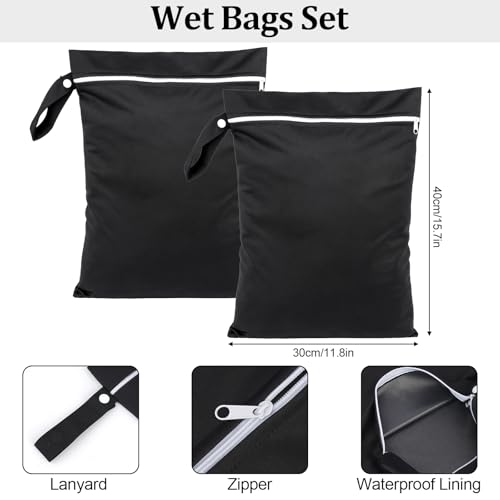 Deepton 2 Stück Nassbeutel 40 x 30 cm, Wetbag Schwimmsachen Schwarz, Wasserdicht Nasstasche mit Reißverschluss, Wiederverwendbar Reise Wäschesack für Badeanzüge, Strandtücher, Windeln