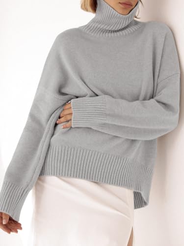 Image of YKR Women's Turtleneck Sweater Chunky Long Sleeve Knitted Pullover High Low Hem Trendy 2025 Fall Winter Basic Jumper Top