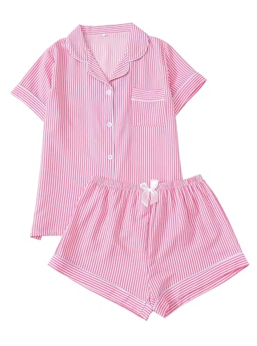 Image of Remidoo Women's Striped Pj Set Short Sleeve 2 Piece Button Up Pajamas Sleepwear Pink Medium