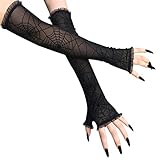 Instobig Spider Web Arm Warmer Goth Sheer Fingerless Gloves Long Lace Arm Sleeve Halloween Sequins