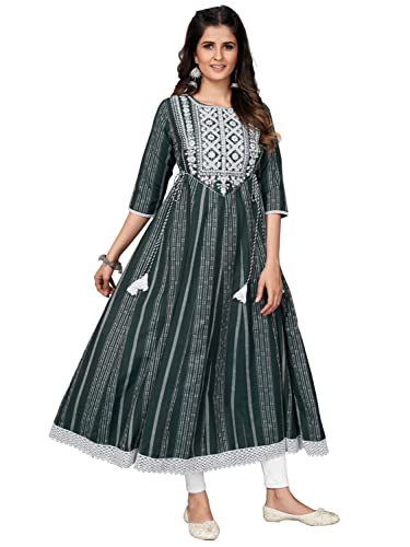 Image of Vbuyz Women's Cotton Blend Print & Embroidered Anarkali Stitched Kurta