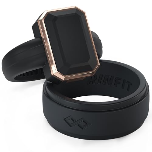 Rinfit Matching Silicone Rings for Couples - Wedding Bands for Him and Her - Emerald & Infinity Patented Design - Emerald Black/Metal Rose Gold & Black, W7 & M10