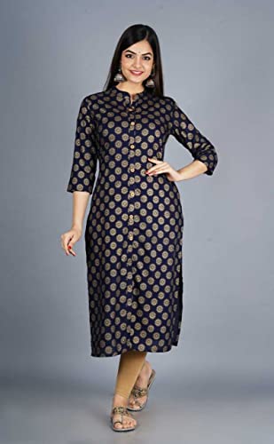Image of Women's Rayon Printed Straight Fit Kurti with Front Slit (Blue-S)