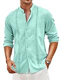 COOFANDY Men's Casual Linen Shirt Collarless Long Sleeve Button Down Shirts Relax Fit Summer Beach Tops Light Green