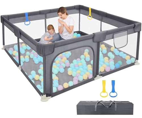 Dripex Parque Infantil Bebé, 127x127cm Corralito Bebé Antideslizante, Parque de Bebe y Niño, Parque de Juego Tela Oxford 210D, Corral para Bebe con Malla Transpirable, con 2 Anilla Parque, Gris Oscuro