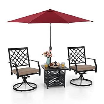 Alternative view of MFSTUDIO 4 Pieces Bistro Set with Patio Umbrella,Outdoor Furniture Set with 2 Wrought Iron Swivel Chairs, 1 x Square Table and 1 x 9 Ft Red Umbrella