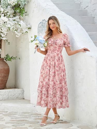 Image of Scarlet Darkness Women Floral Maxi Dress Puff Sleeve Tea Party Corset Dress | Pockets, Ruched Bust, Ruffled Hem, for Cottagecore Fairy Milkmaid Vacation