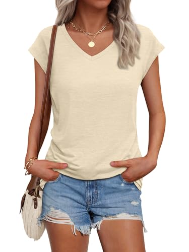 AUTOMET Womens V Neck T Shirts Spring Summer Cap Sleeve Basic Tees Trendy Cute Tops for Work Dressy...