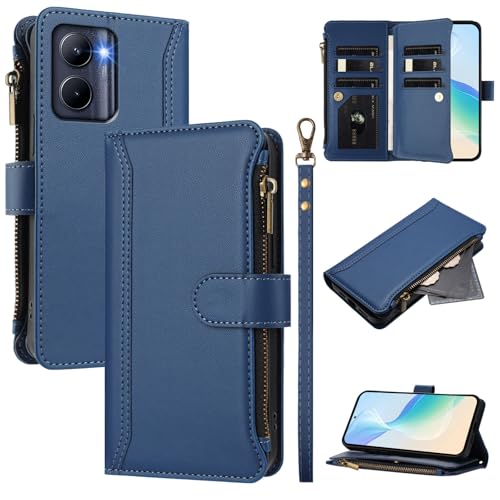 Rfvzubemok Compatible with Realme C33 2023 4G,Compatible with Realme C33 4G Cover,Flip Kickstand Double Card Slots Zipper Wallet Case Blue