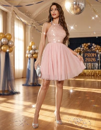 Image of Dressystar Women's Sequin Short Prom Dress Sparkly Halter Tulle Cocktail Party Homecoming Dresses