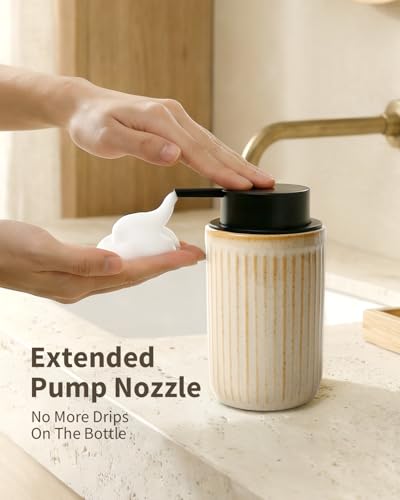 Image of BosilunLife Foam Hand Soap Dispenser - Ceramic Foaming Soap Dispenser for Bathroom 12oz Refillable Liquid Lotion Soap Dispenser with Rust-Proof Foaming Pump for Countertop, Greige