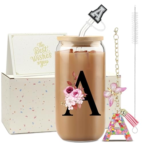ZIOSINM A-Z Lettera Bicchiere Con Cannuccia, 500ml Tumbler con Coperchio, Regalo Donna Compleanno, Ideale Come Regalo Maestre Fine Anno (A)