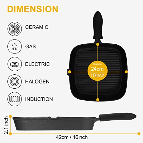Rincentd Square Grill Pans For Stove Tops, Cast Iron Steak Pan With Thermal Resistant Holder, For Oven, Induction, Cooking, Pizza, Grilling, Black, 10 Inch #TOP2