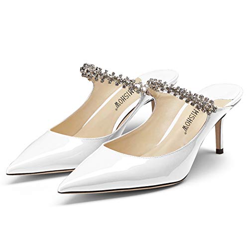 Jimishow High Heels White Mules For Woman Mary Jane Heel Sandals Rhinestone Mule Sandals Strappy Pointy Closed Toe 2.5â€ Heel Bridal Dress shoes Evening Stilettos Summer Party Shoes Size 5-13 US