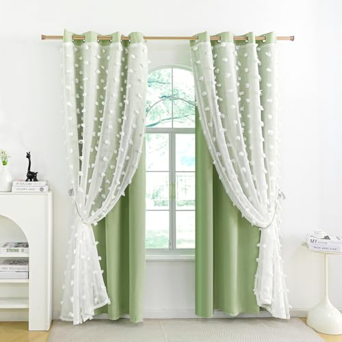 Image of Green Room Darkening Curtain for Girls Nursery Bedroom 52x54 Inch | 80% Blackout Double Layer Curtains with Pom Pom Sheer Overlay, Grommet Privacy Drapes for Toddler Bedroom Decor, 2 Panels