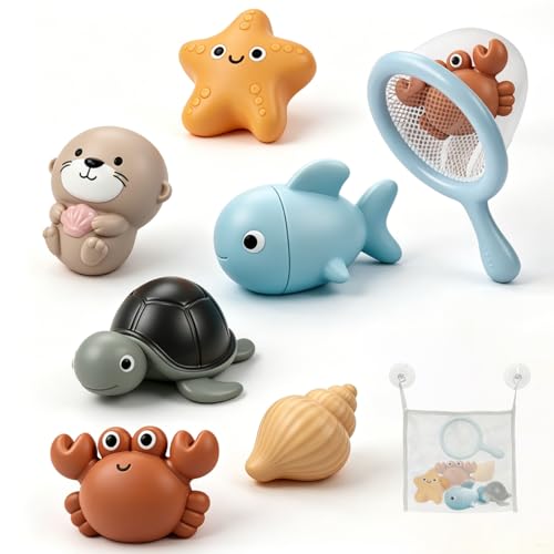 Image of 7PCS No Hole Mold Free Baby Bath Toys with Ocean Animals, Sealed Bathtub Toys for Infant with Spoons and Storage Bag, Soft, Float and Squeezeable Water Toy for Shower, Pool and Beach, Gift for 6-12M+