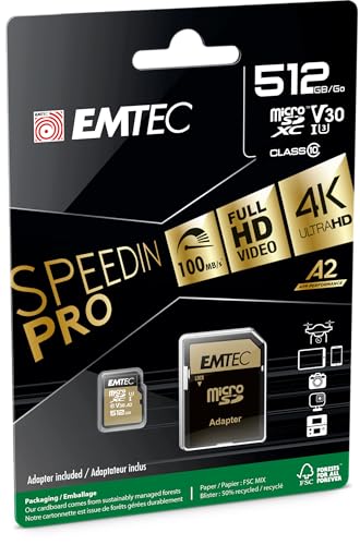 MicroSD 512GB EMTEC tarjeta de memoria Speedin V30 A1 para grabaciones fluidas en vídeo 4K