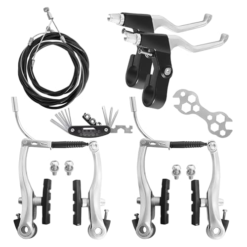 TINGSING Bike Brake Set V-Type Front and Rear Bicycle Brakes MTB Brake Lever Inner and Outer Cables Kit with Multi-Tool Wrenches, Callipers Cables Lever Kit for Kids Bike, BMX, MTB, Road Bike,Sliver