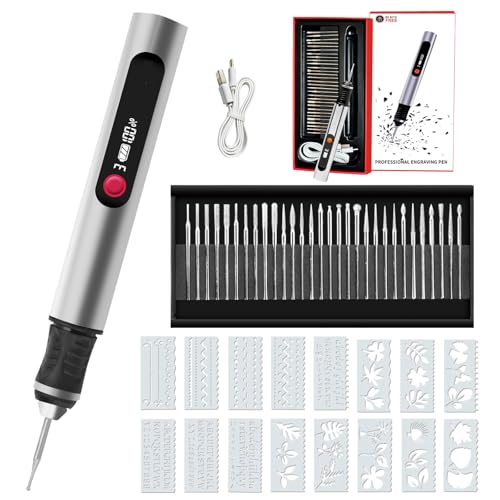 Gravion | Le Stylo Graveur Électrique de Précision outil de gravure rotatif rechargeable avec 30 pointes et 16 gabarits, pour DIY sur métal, bois, verre,...