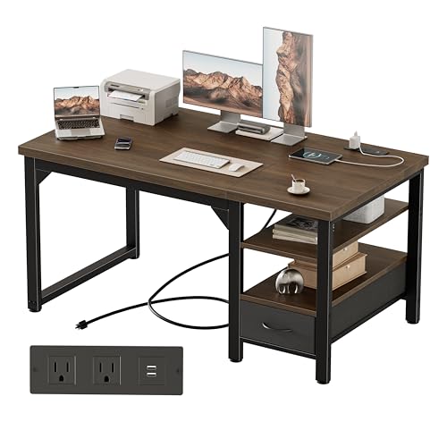 Image of Mericonia 48 inch Computer Desk with Drawer, 1.2 inch Thick Reversible Office Desk | Modern Writing Table with Power Outlets & Storage Shelves, Heavy Duty Industrial Study Desk for Home Bedroom Work