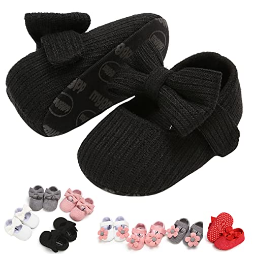 Image of Baby Girls Mary Jane Flats with Bowknot Floral Princess Wedding Dress Shoes Soft Newborn Infant Crib First Walkers Prewalker