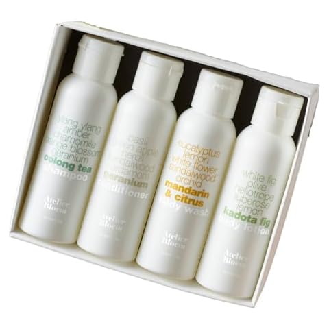Atelier Bloem Travel Gift Set with Mandarin & Citrus Body Wash, Kadota Fig Body Lotion, Oolong Tea Shampoo, and Geranium Conditioner - Kimpton Hotel Collection - Includes Gift Box - 1.7 oz. Bottles Cover