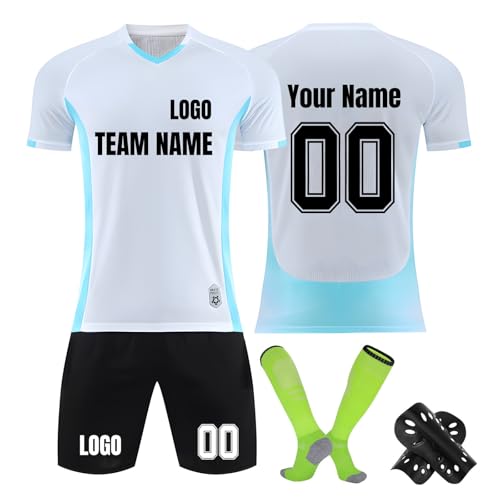 Genérico Equipacion de Futbol Personalizada para Niños/Adultos Que Incluye Camiseta Pantalones Cortos Calcetines y Espinilleras, Camisetas de Futbol con Logo Nombre y Número Regalo de Fútbol
