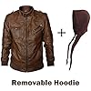 Mens Leather Jacket with Hoodie Leather Coats Military Windbreaker Long Sleeve Biker Autumn Brown 2XL #4