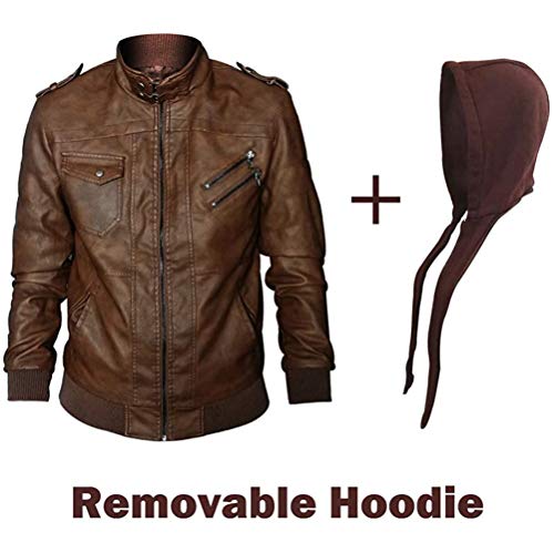 Mens Leather Jacket with Hoodie Leather Coats Military Windbreaker Long Sleeve Biker Autumn Brown 2XL