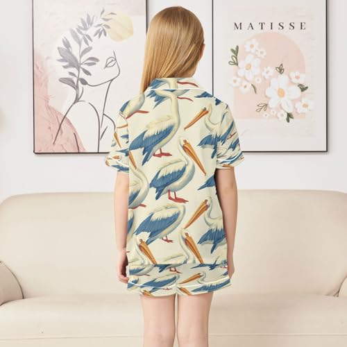 Satin Pajama Sets Short Sleeve Pelican Pattern Cartoon Button Down Silky Nightwear 2 Piece PJS 5-14Y4