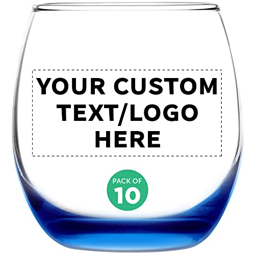 Custom Mikonos Stemless Wine Glasses 11.5 oz. Set of 10, Personalized Bulk Pack - Restaurant Glassware, Perfect for Red Wine, White Wine, Cocktails - Blue
