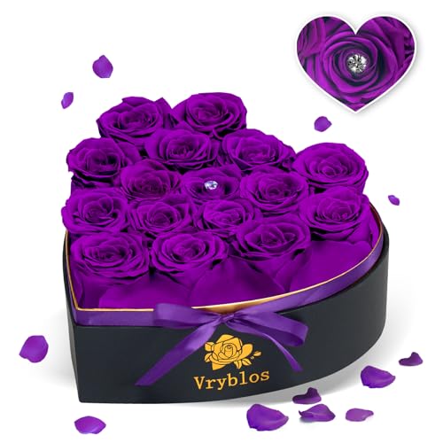 Vryblos 16 Pieces Forever Flower Heart Shape in a Box Preserved Purple Roses for Delivery Grade A Quality 100% Real Immortal Flowers Eternal Birthday for Her Mom Women Wife Girlfriends (Purple)