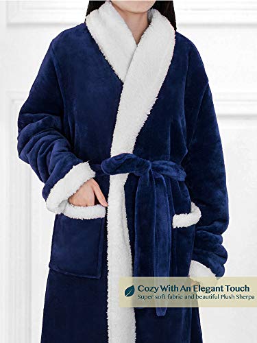Image of PAVILIA Women's Plush Fleece Robe, Soft Cozy Long Bathrobe with Satin Waffle Trim, Warm Lightweight, Pockets & Tie Belt