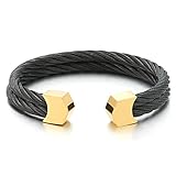 COOLSTEELANDBEYOND Mens Womens Steel Two Rows Twisted Cable Adjustable Cuff Bangle Bracelet Black Gold Two Tone